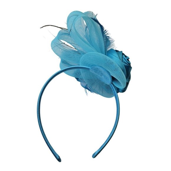 Blue Roses Headband Fascinator with Bows and Blue Feathers - Picture 9 of 15